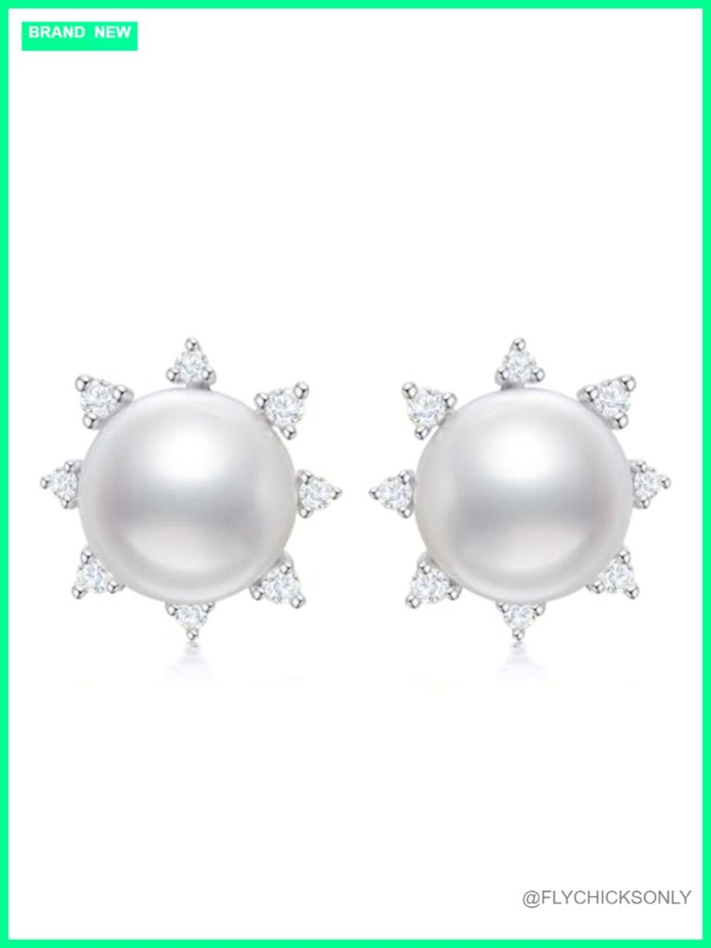 Lab Grown Diamond Freshwater Pearl Stud Earrings Sterling Silver